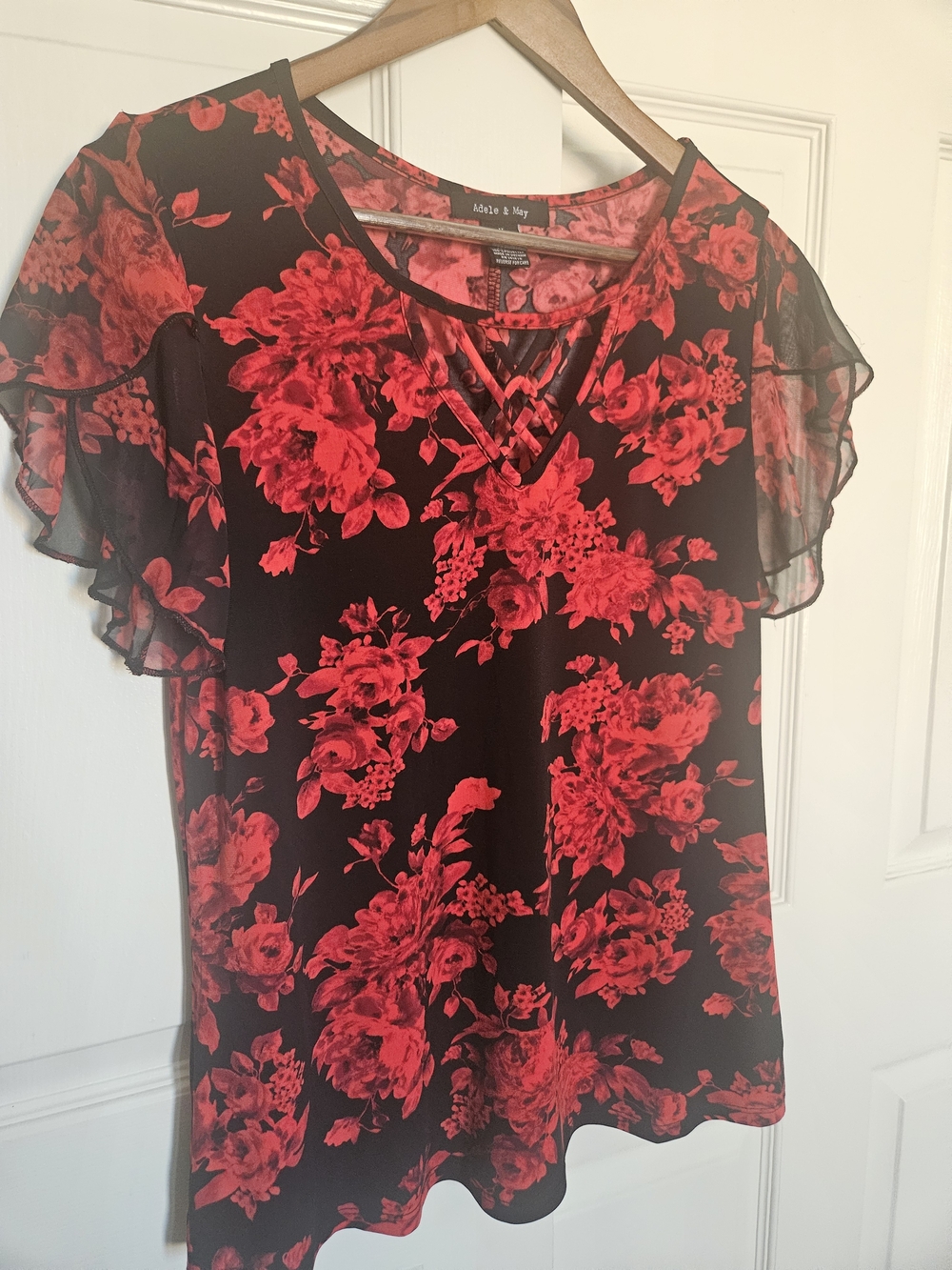 Adelle Floral Black Blouse with Red Rose Print and Flutter Sleeves
